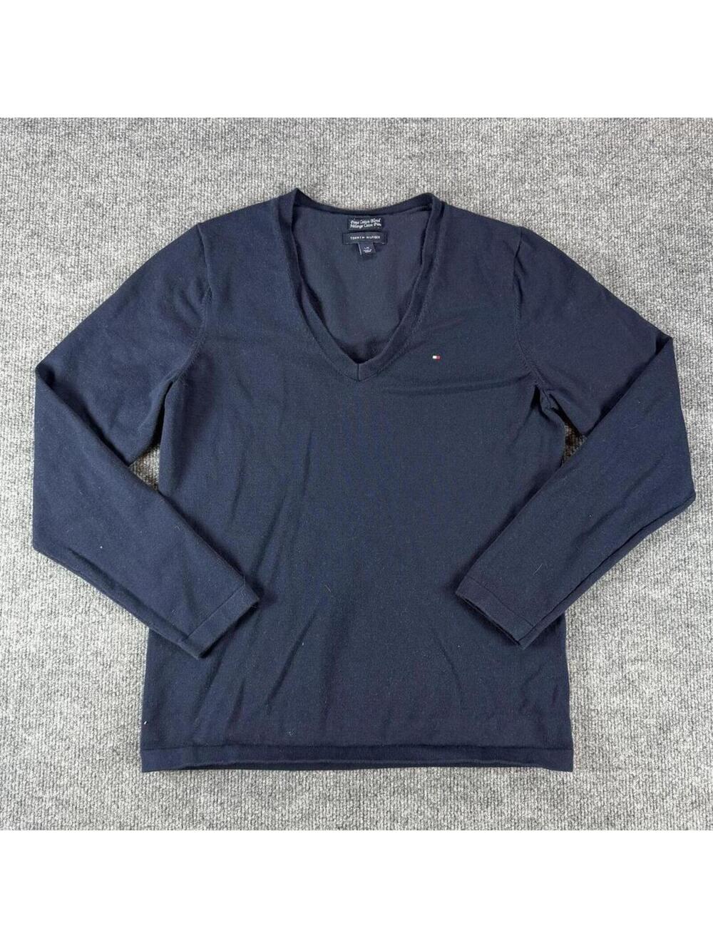 Tommy Hilfiger Womens Navy Blue V-Neck Sweater Large - Pima Cotton, academia